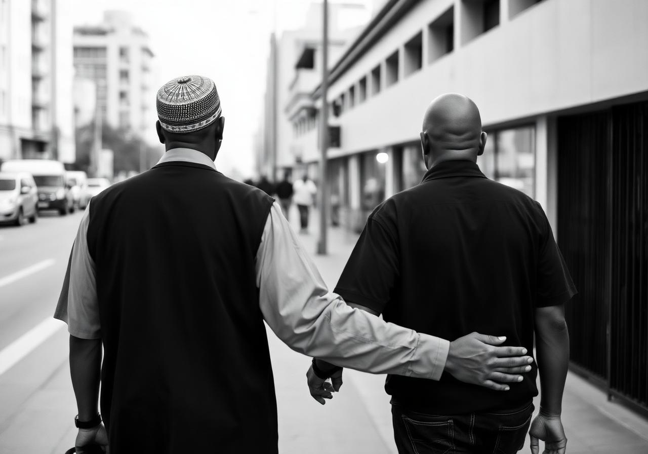 Two men walking together in support